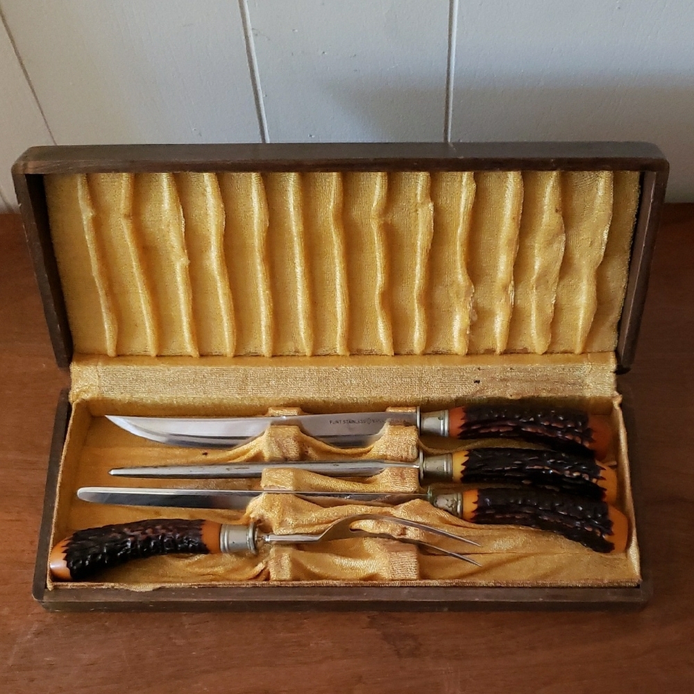 Vintage Carving Set with Bakelite Antler Handles by Flint